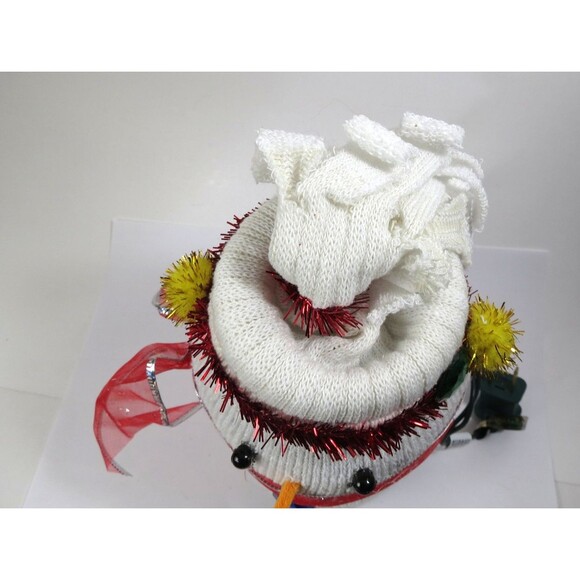 Handmade Sock over Jar Lighted Snowman w/ Red Ribbon Scarf Christmas Decor - Picture 2 of 5